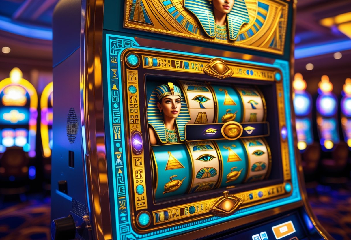 A Cleopatra-themed slot machine with Egyptian symbols and bright lights in a casino.