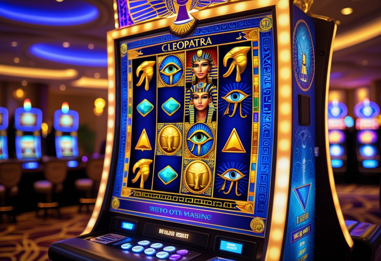 A Cleopatra-themed slot machine with Egyptian symbols and bright lights in a casino.