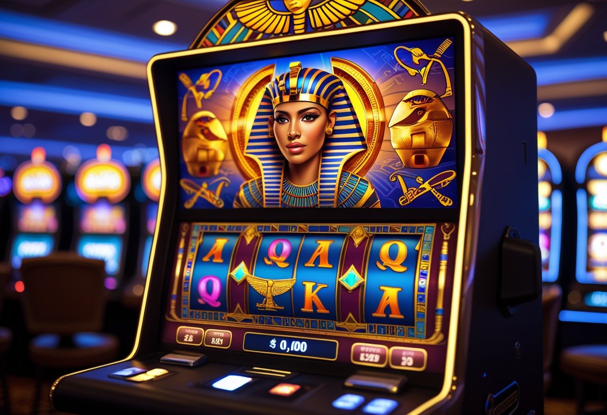 A Cleopatra-themed slot machine with Egyptian symbols and vibrant colors in a casino environment.