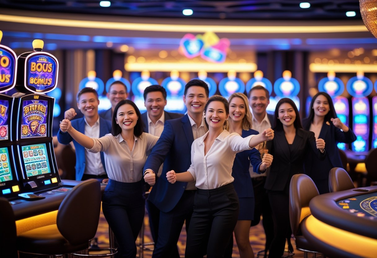 People enjoying games at a modern casino with glowing slot machines and casino chips.