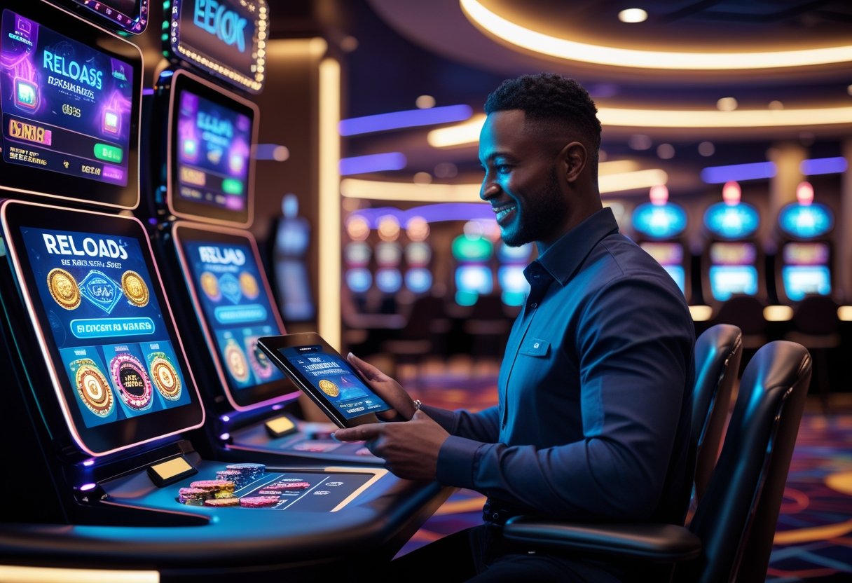 A person using a touchscreen device in a modern casino with slot machines and gaming tables in the background.