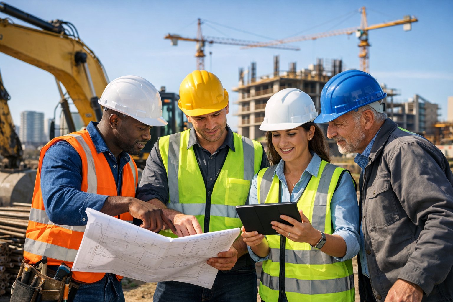 Des professionnels de la construction discutant sur un chantier avec des plans et des tablettes numériques, entourés de machines et de structures en construction.