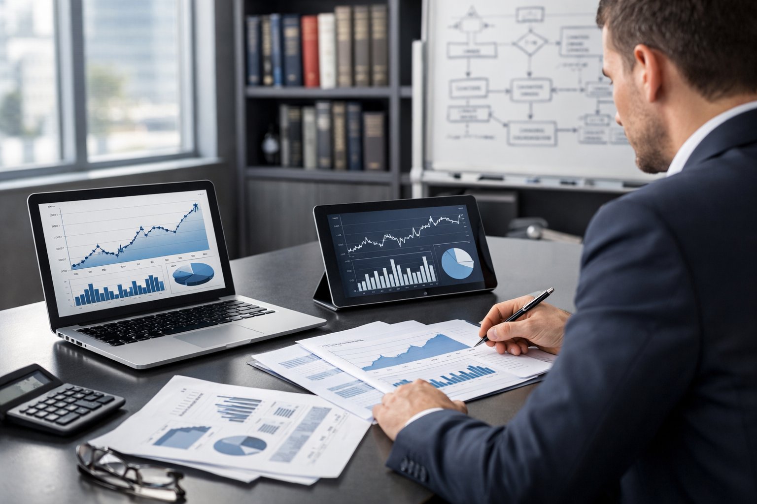 Un professionnel en tenue formelle travaille à un bureau moderne avec des appareils numériques et des documents, analysant des données économiques liées aux marchés publics.