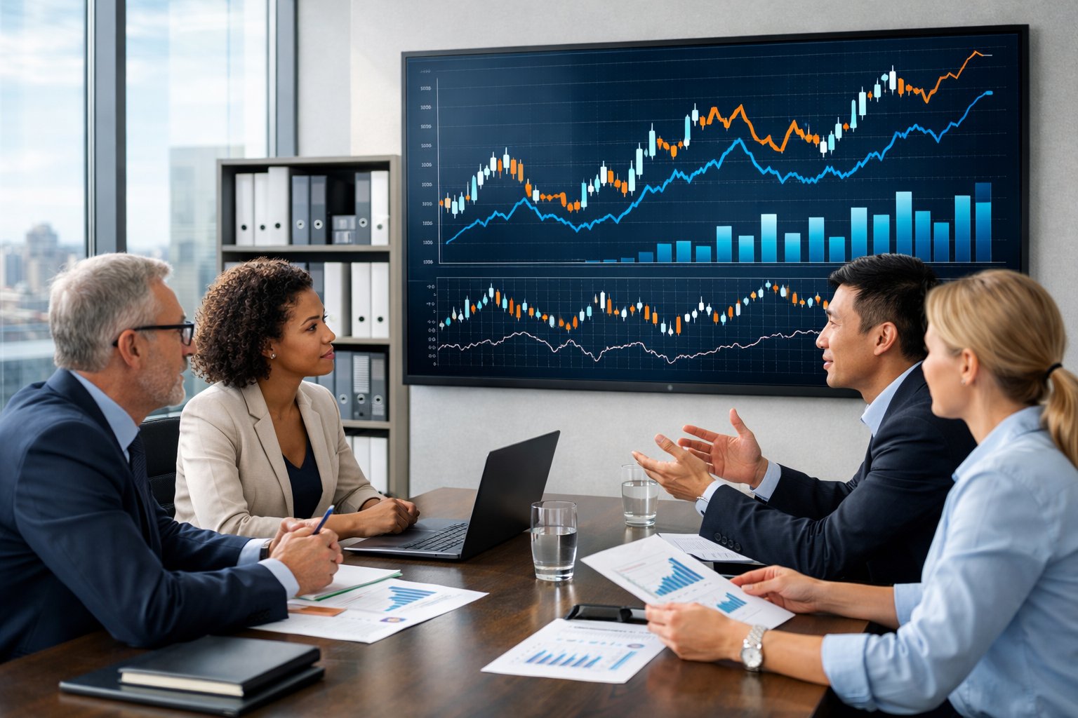 Des professionnels en réunion dans un bureau moderne, examinant des graphiques financiers sur un écran numérique.