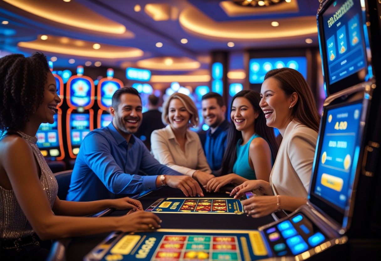 Happy adults playing casino games in a modern casino with bright lights and digital screens, enjoying a lively and rewarding atmosphere.