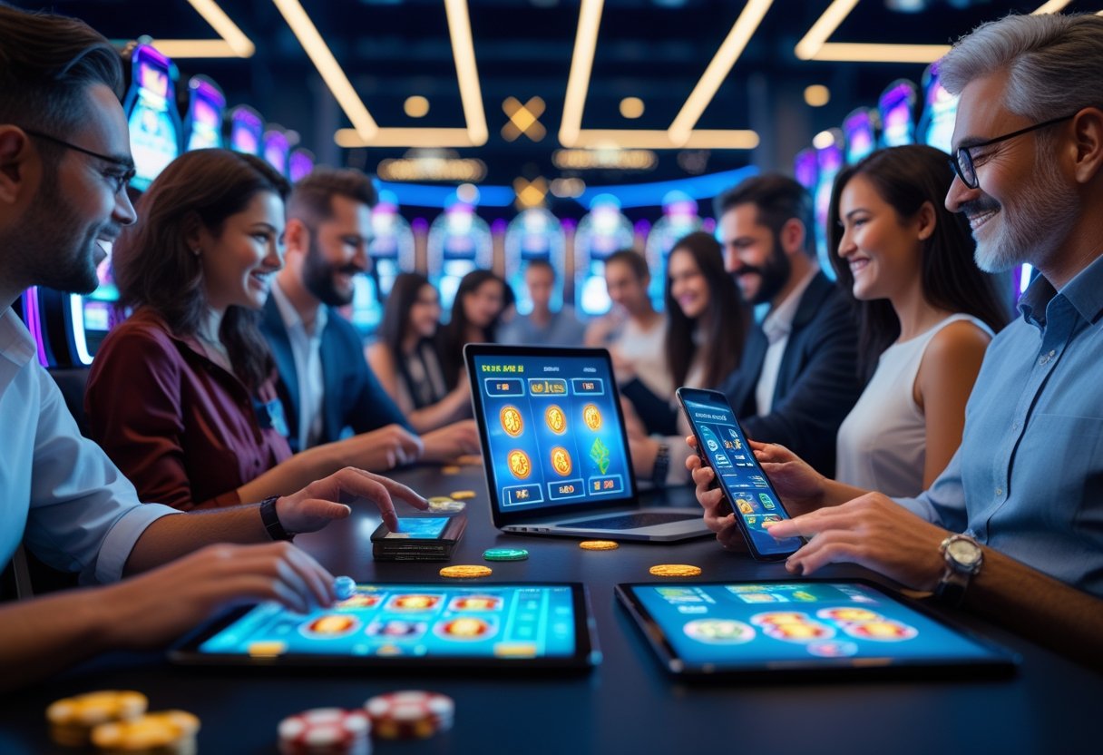 A group of adults using digital devices to play online casino games with virtual chips and slot machines in the background.
