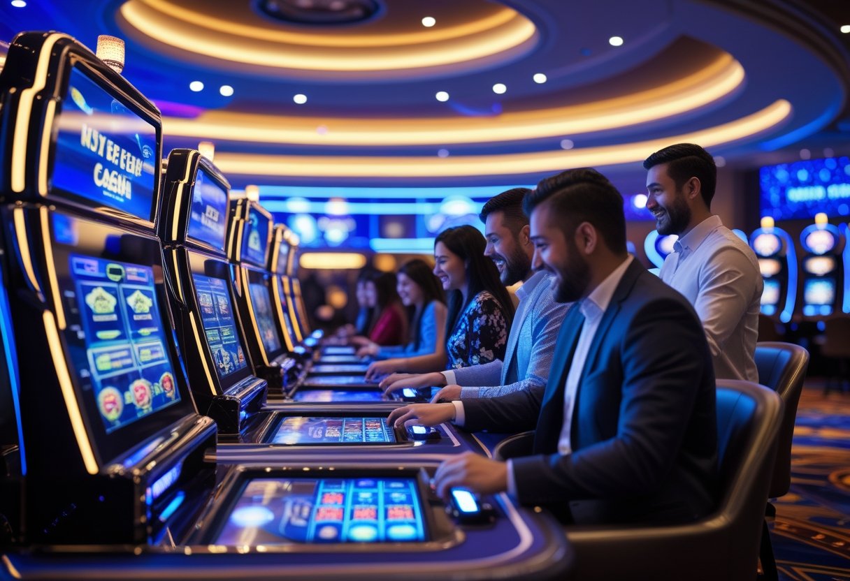 A diverse group of people playing digital casino games on slot machines and gaming tables in a modern casino.