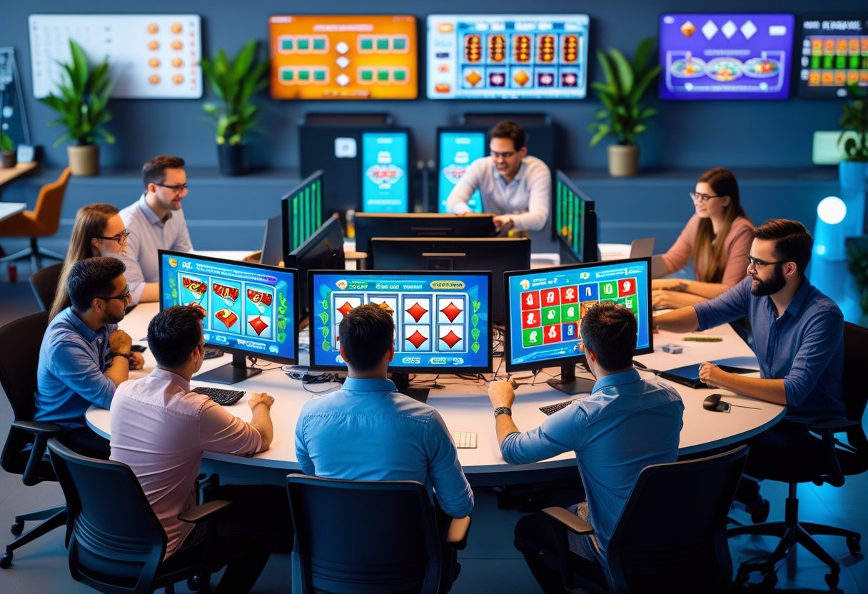 A group of people working together on computers developing casino game software in a bright office.