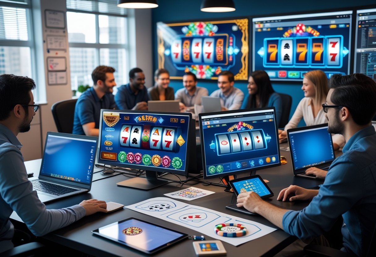 A team of developers working together in an office with laptops and screens showing casino game designs and code.