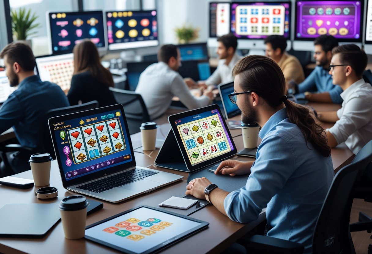 A team of developers working together in an office with laptops and monitors showing casino game designs.