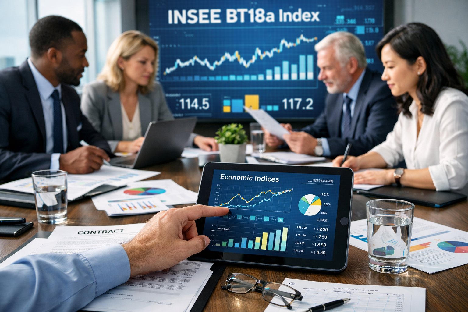 Des professionnels en réunion autour d'une table avec des documents et des écrans affichant des données économiques.