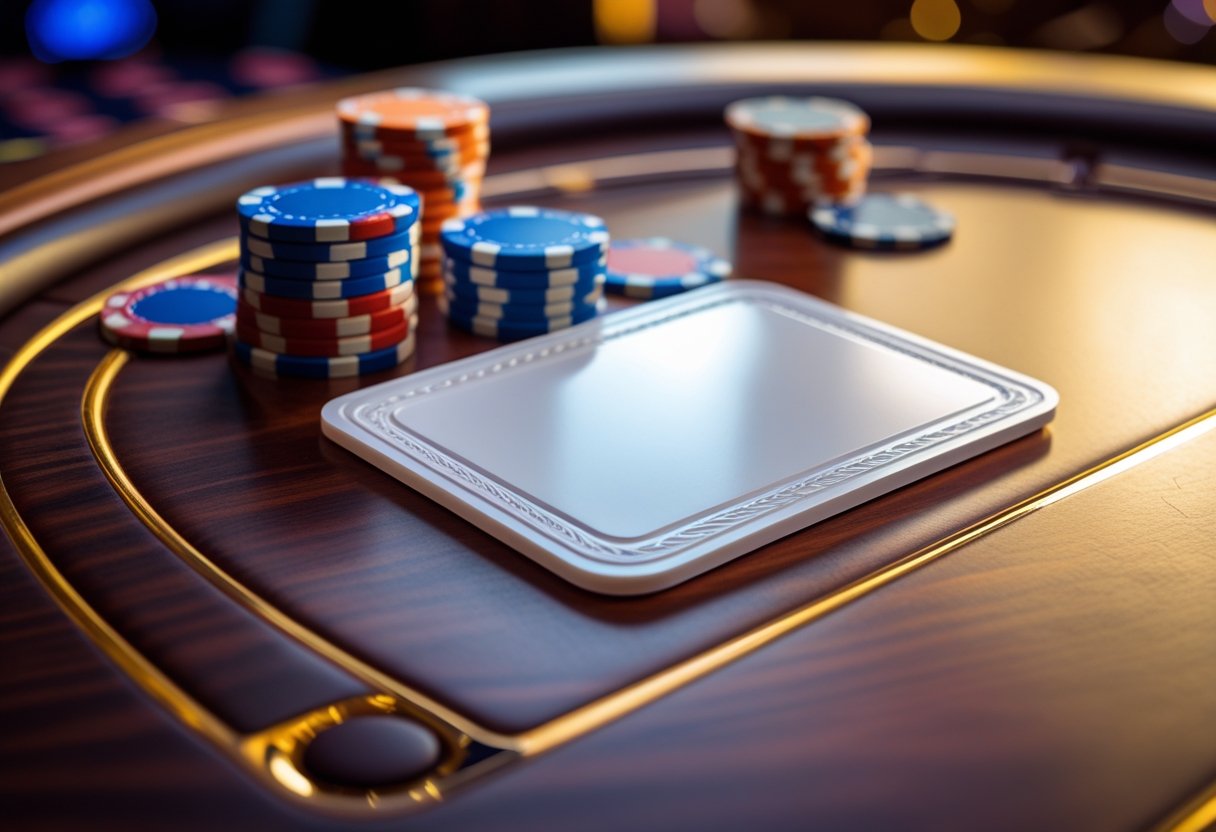 A casino marker on a wooden table next to poker chips and playing cards.