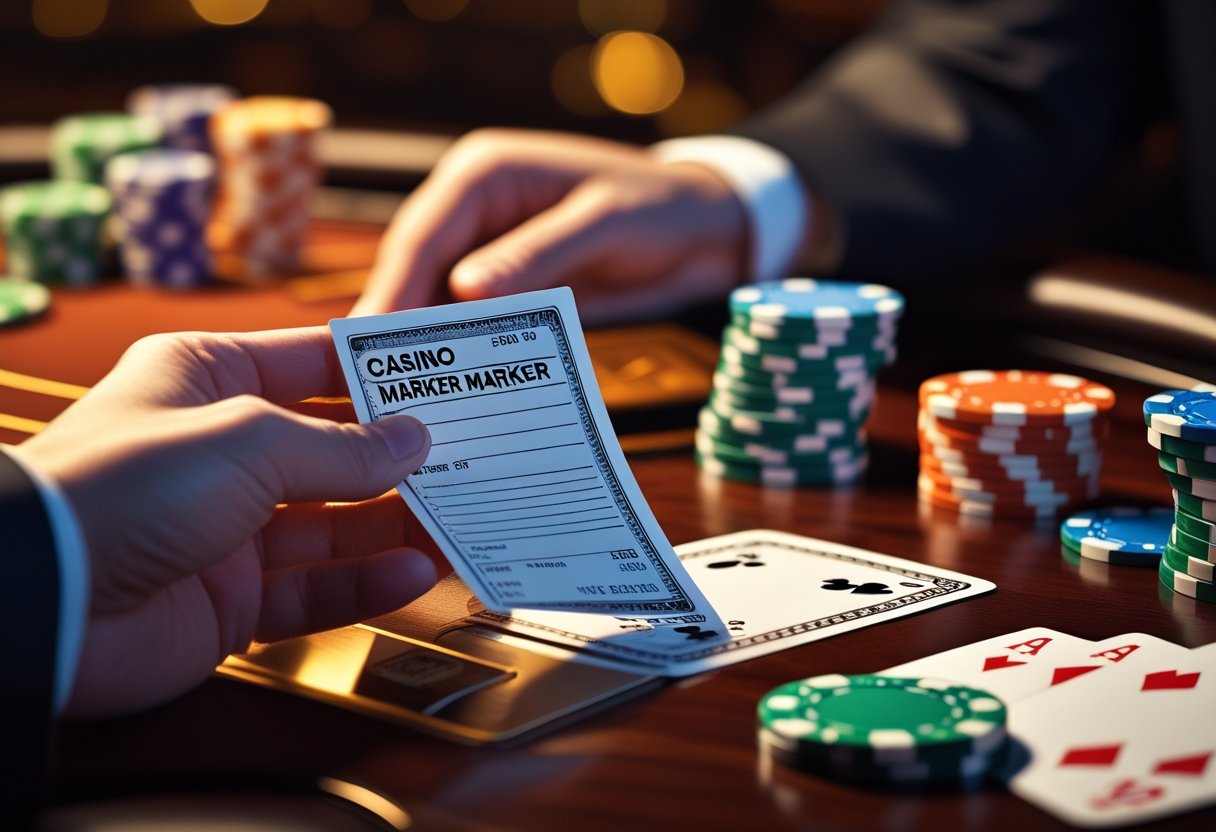 A hand holding a casino marker slip with casino chips and playing cards on a wooden table in the background.