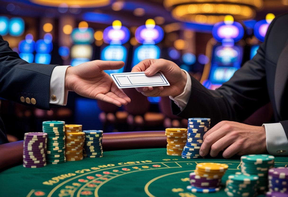 A dealer handing a casino marker to a player at a casino table with chips and a blurred casino background.