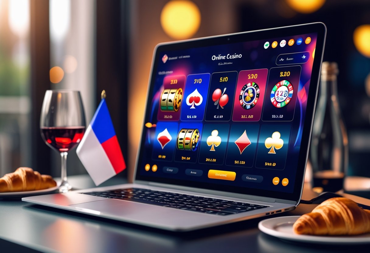 A laptop showing an online casino interface with casino game icons, placed on a table with a small French flag, a glass of red wine, and a croissant.
