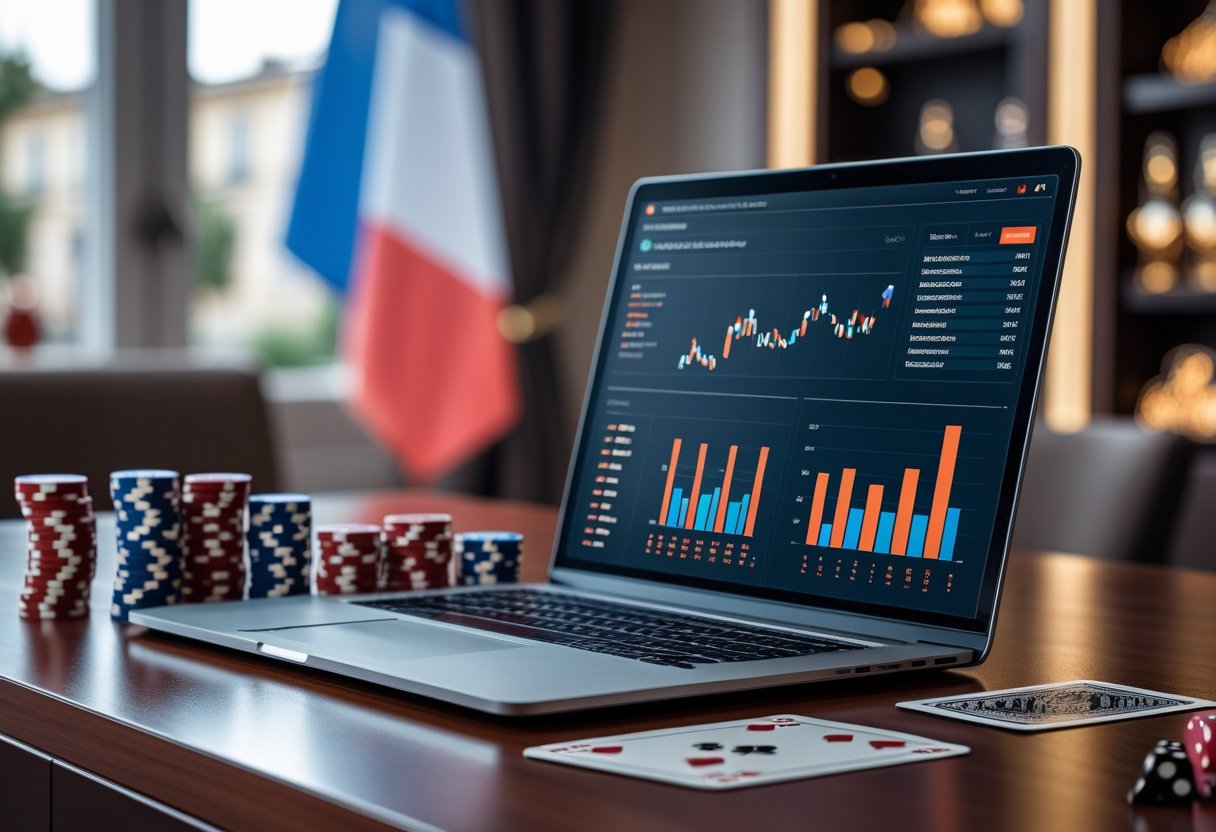 A laptop on a desk surrounded by poker chips, playing cards, and dice, with a blurred French flag in the background.
