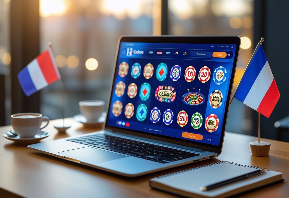 A laptop on a desk showing an online casino interface with casino game icons, accompanied by a small French flag and a cup of espresso.