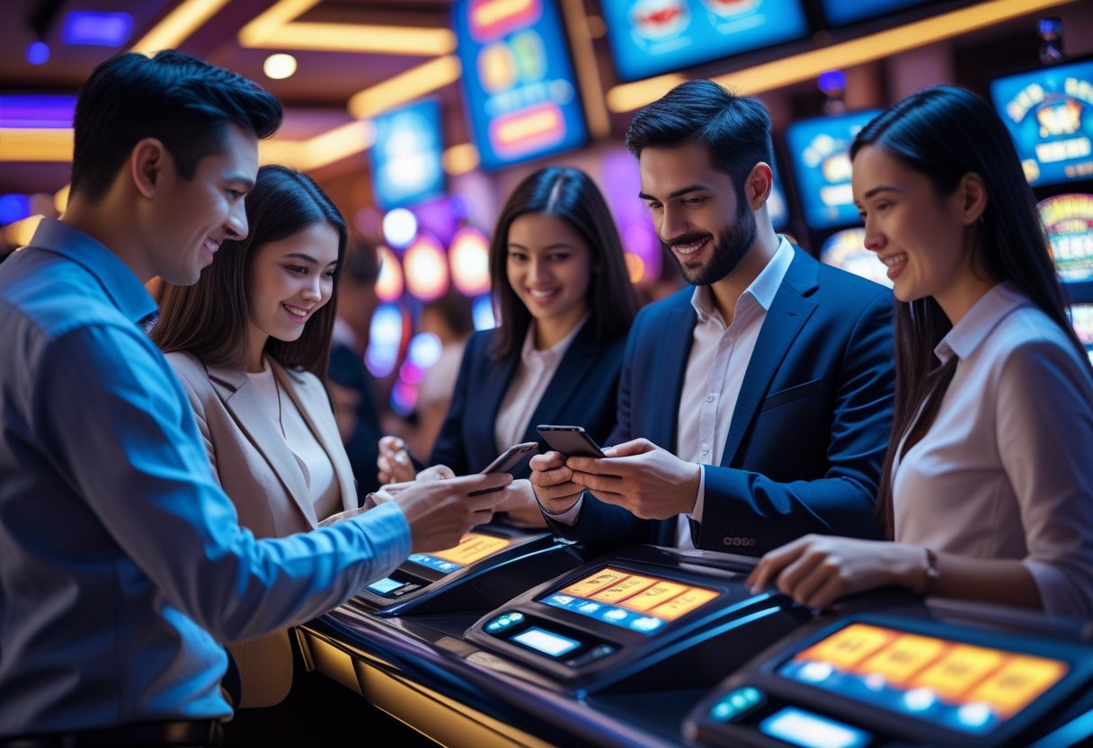 People using smartphones to make payments at a casino counter with slot machines in the background.