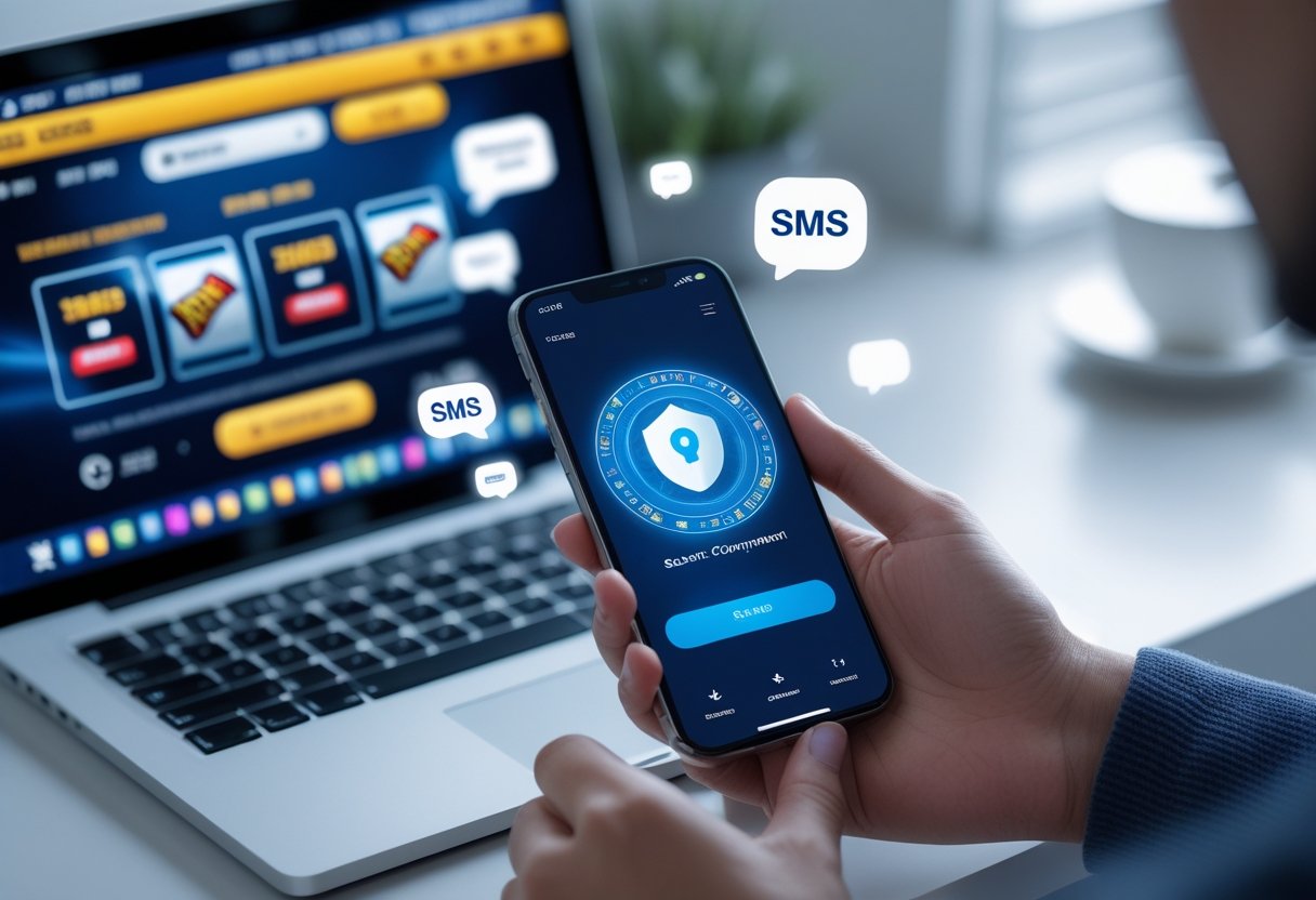 Close-up of hands holding a smartphone showing a payment confirmation, with a blurred laptop displaying an online casino interface in the background.