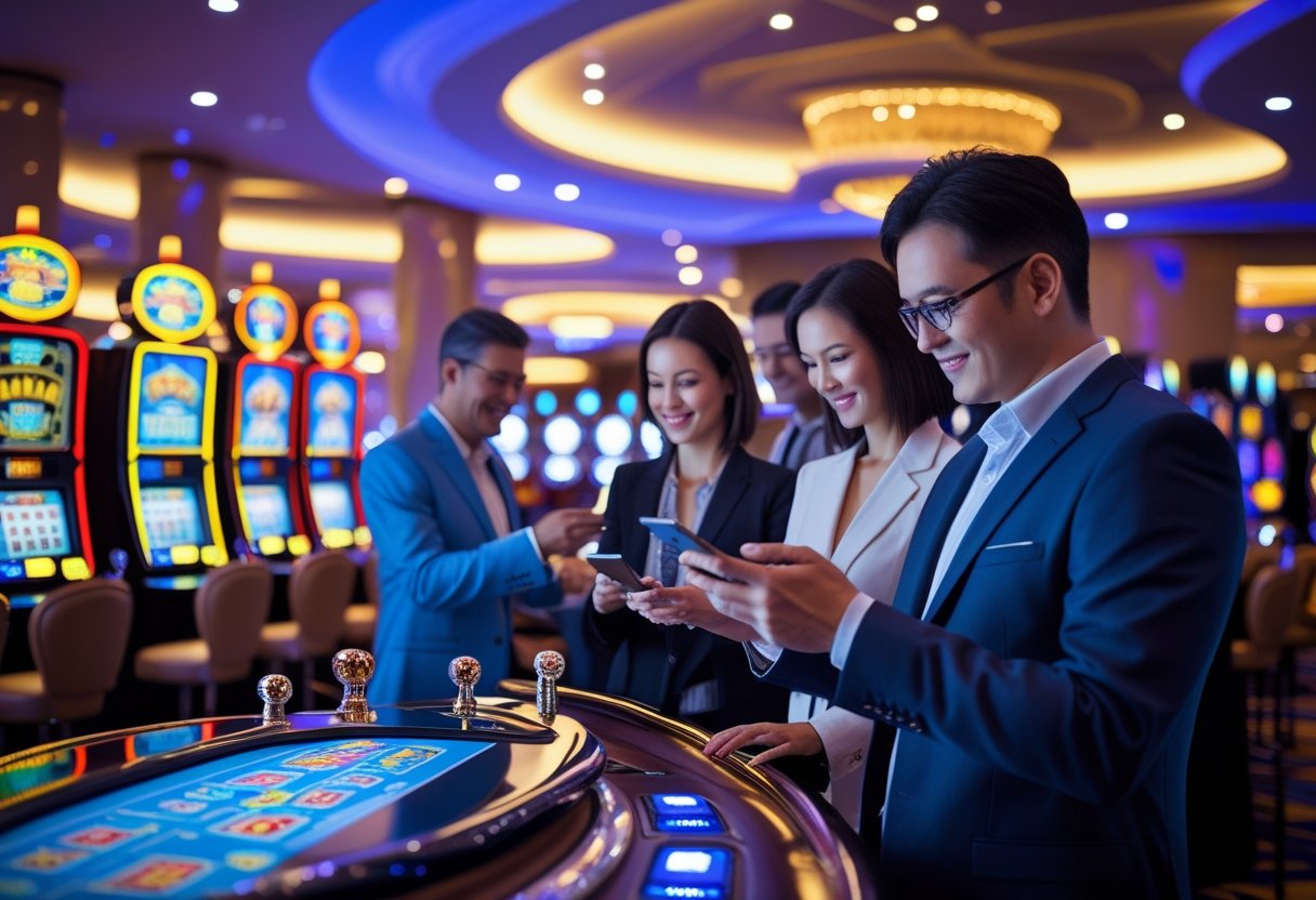 People using smartphones to make payments in a modern casino with slot machines and gaming tables.