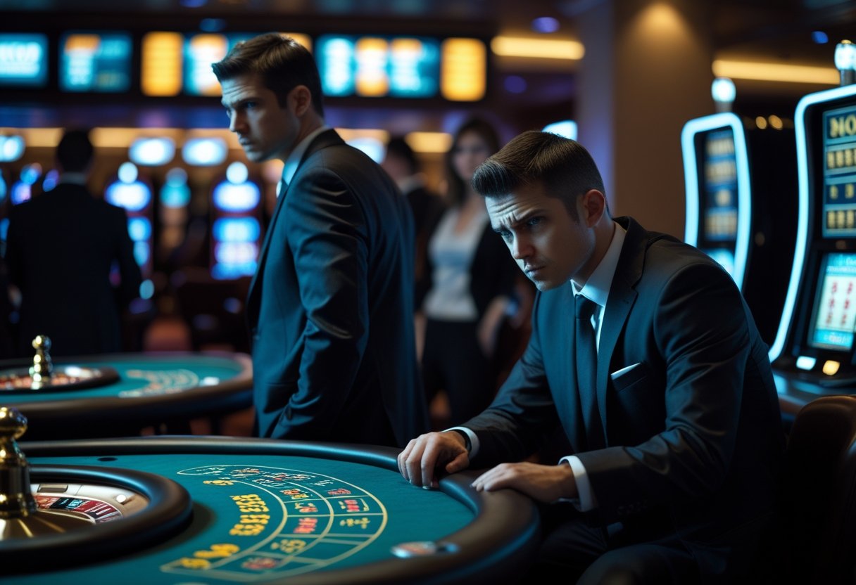 A dimly lit casino interior with a tense atmosphere, showing people appearing cautious around gambling tables and slot machines.