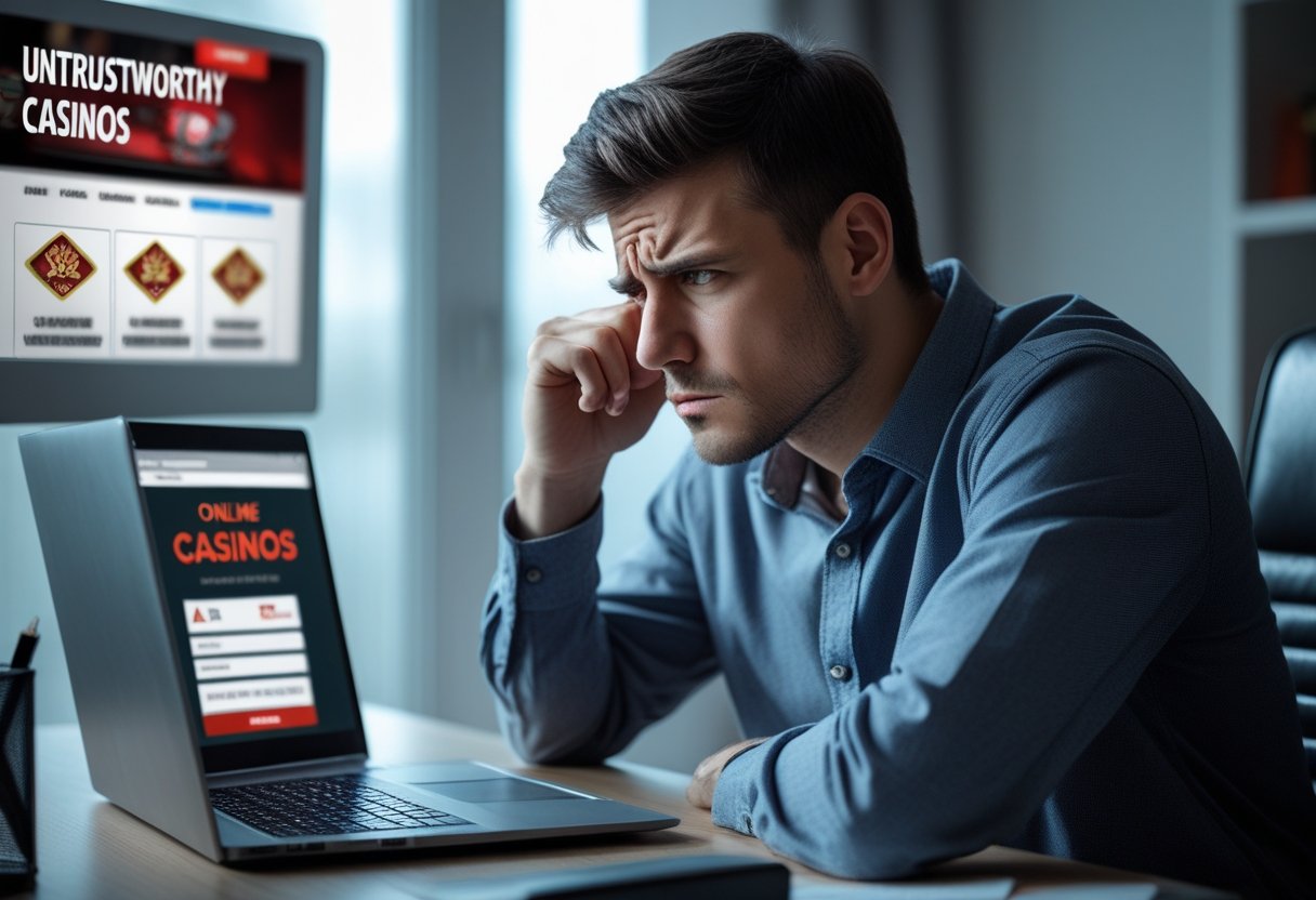 A young man sitting at a desk looking thoughtfully at a laptop screen with a concerned expression.