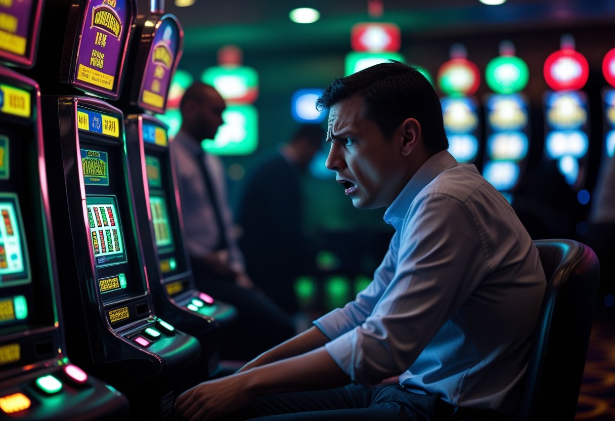 A worried gambler sitting at a malfunctioning slot machine in a dimly lit casino with broken security cameras and shadowy figures in the background.