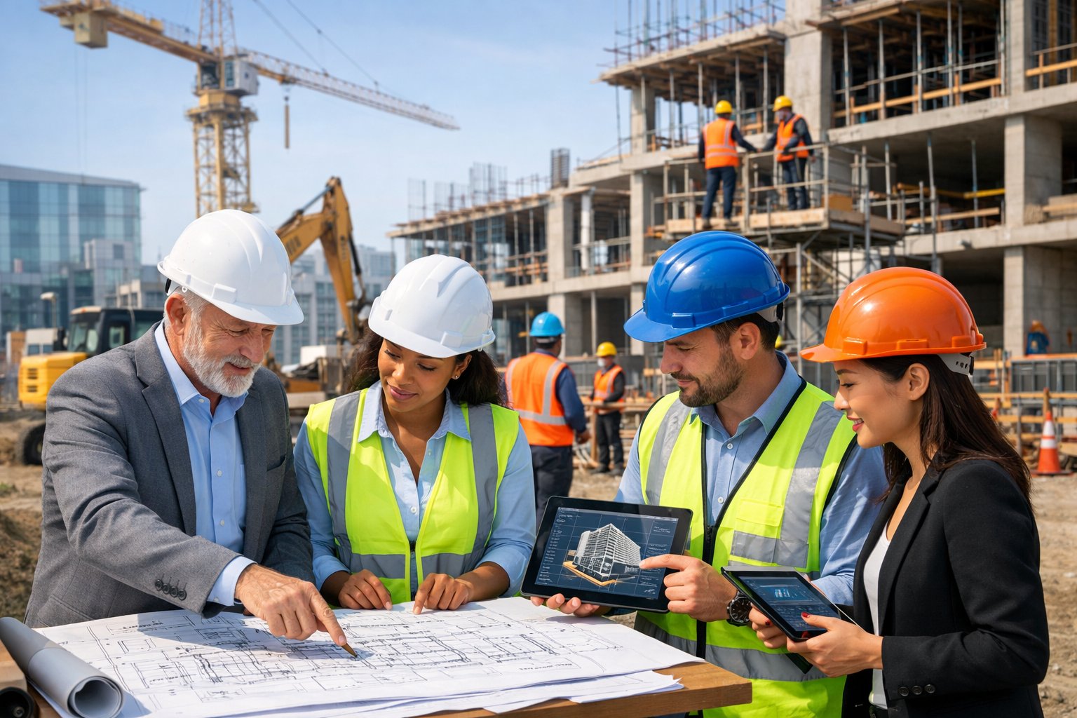 Un groupe de professionnels du bâtiment collaborant sur un chantier de construction avec des plans et des tablettes numériques, entourés d'ouvriers et de structures en construction.