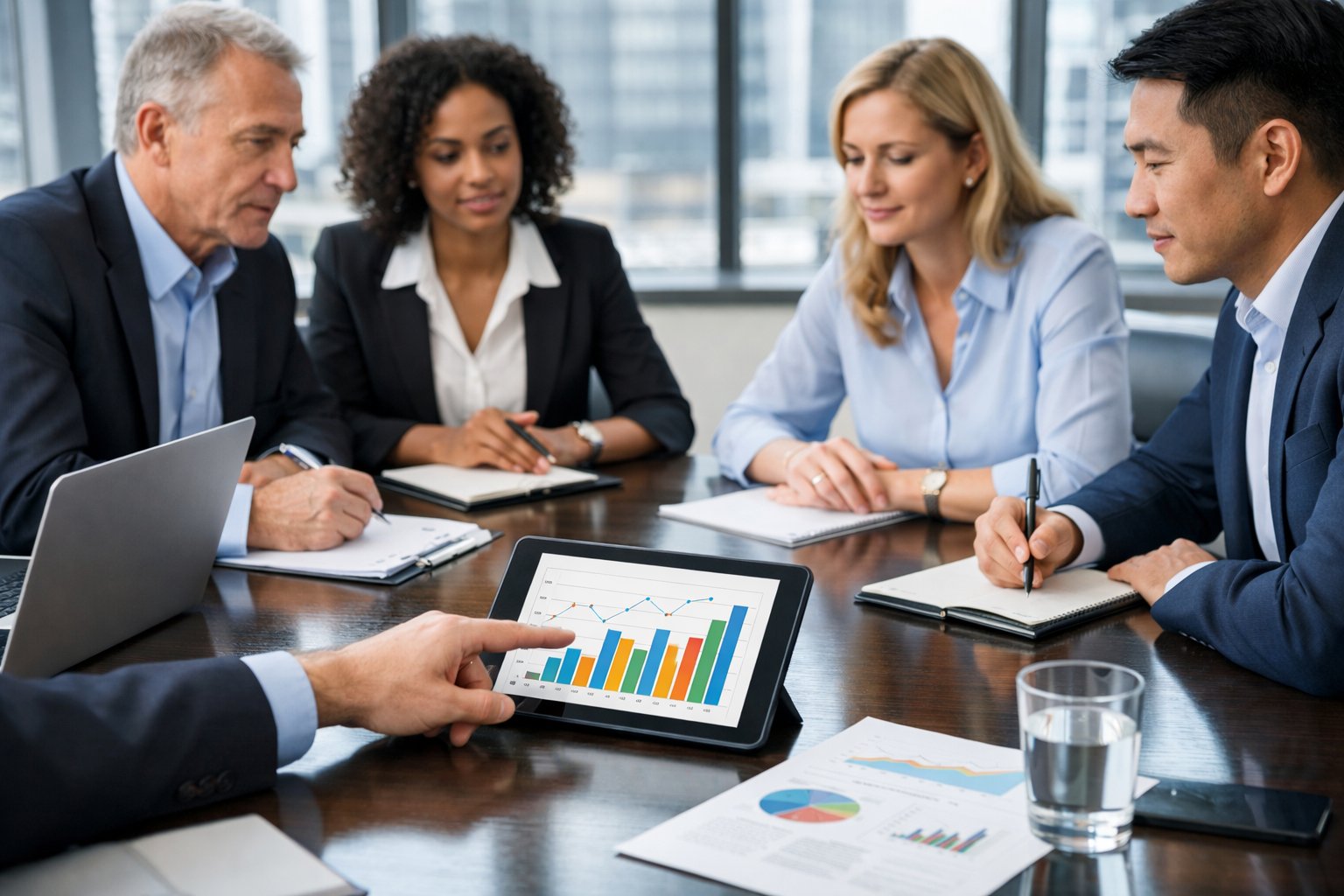 Un groupe de professionnels en réunion autour d'une table de conférence, examinant des graphiques et des documents pour appliquer un indice économique à un marché public.