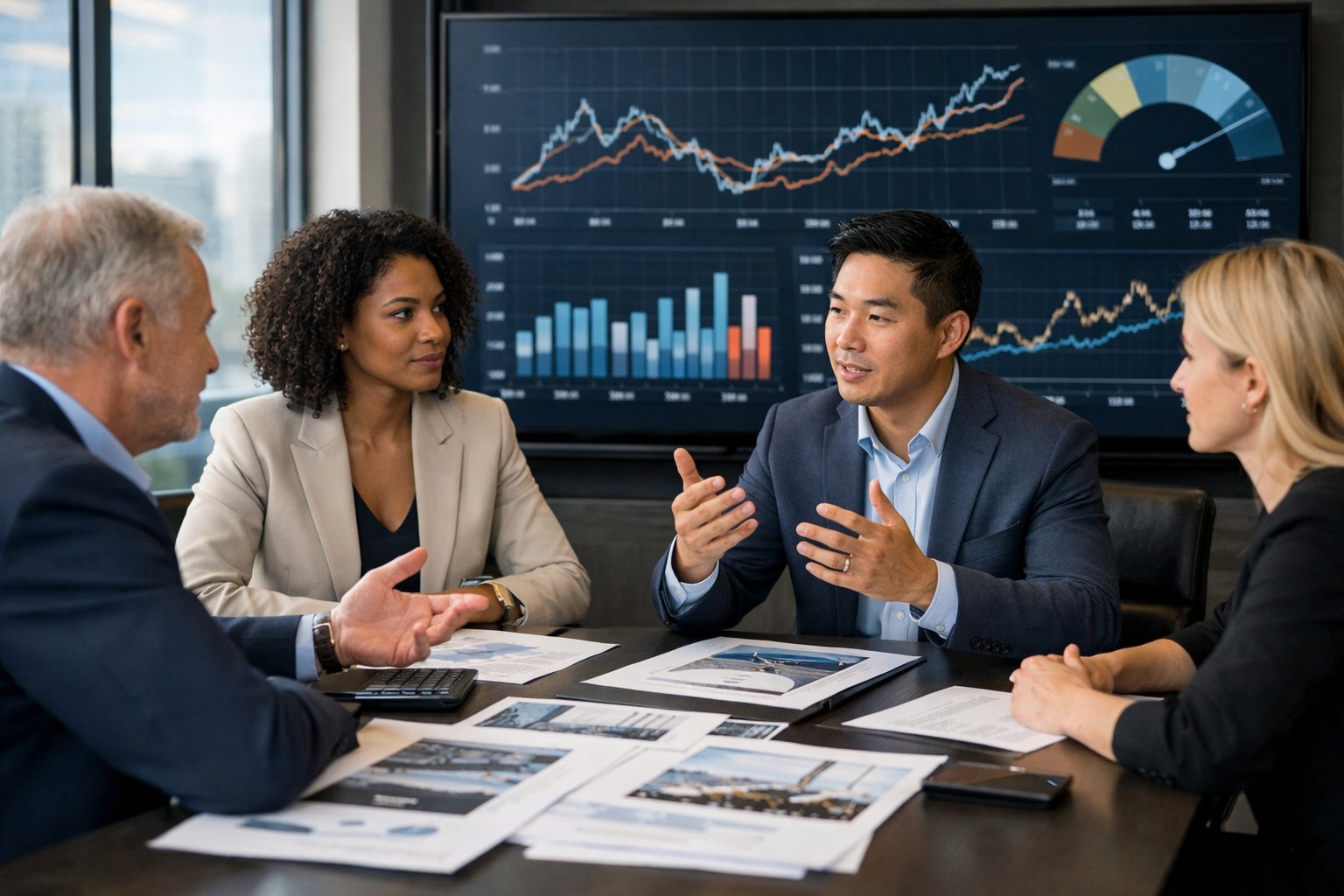 Des professionnels en réunion autour d'une table avec des ordinateurs portables et des graphiques liés à la construction.