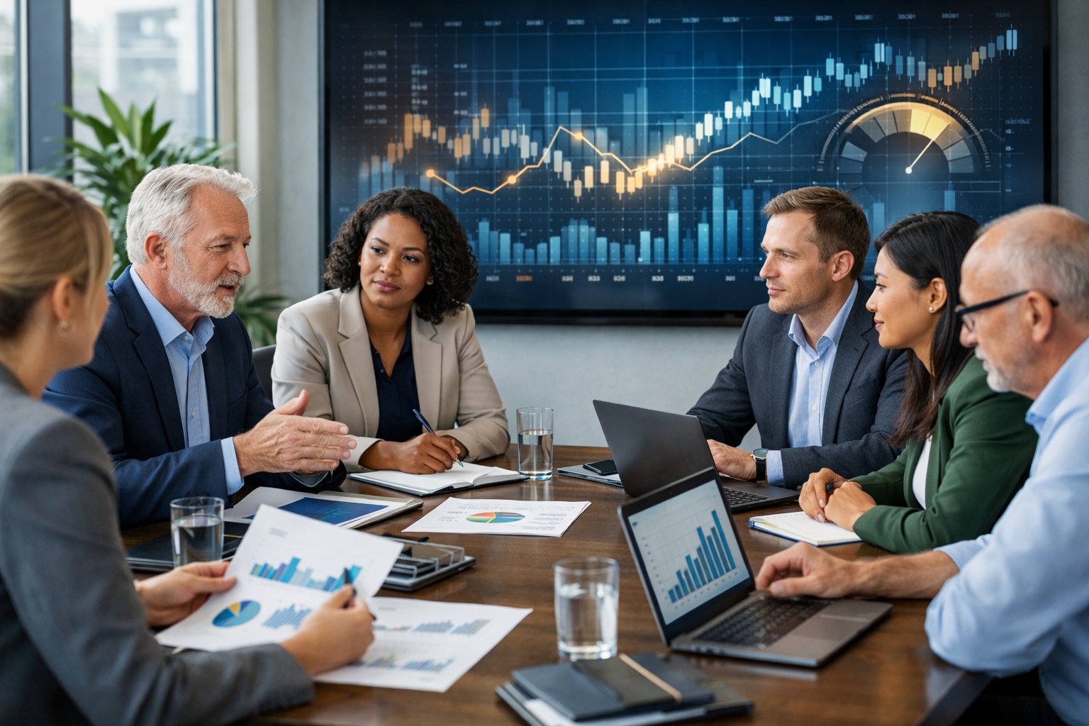 Des professionnels en réunion dans une salle de conférence moderne, discutant autour de documents et d'écrans affichant des graphiques économiques.