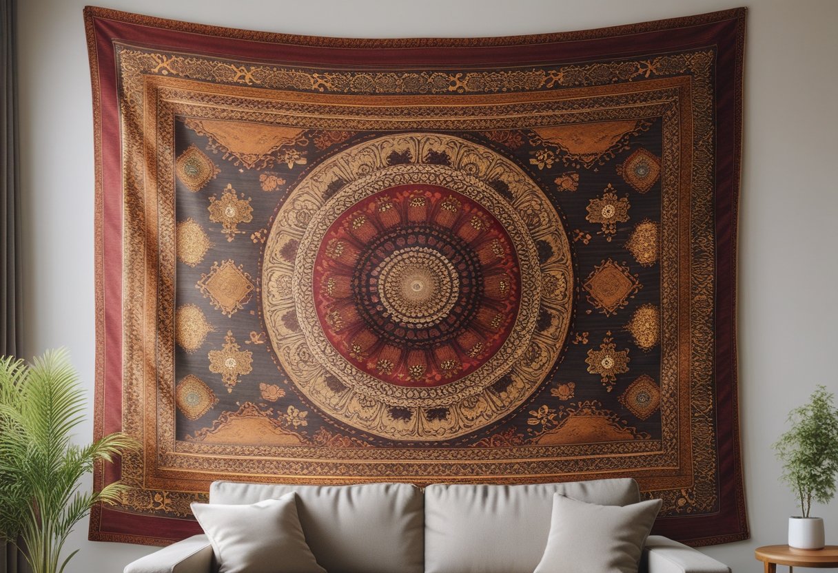 A decorative tapestry with intricate patterns hanging on a wall above a sofa in a living room.