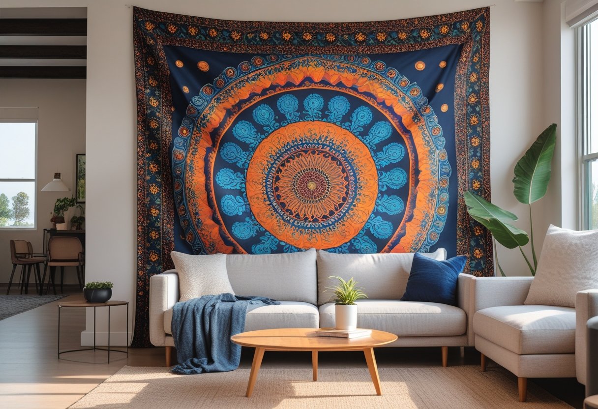 A living room with a colorful decorative tapestry hanging on the wall above a sofa and coffee table.