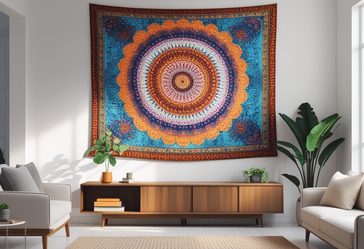 Living room with a colorful decorative tapestry hanging on a white wall above a wooden console table with plants and books.