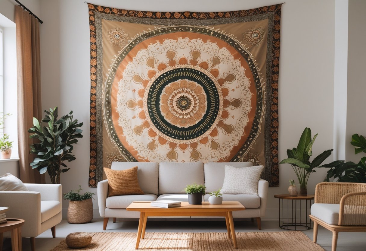Living room with a decorative tapestry hanging on the wall above a sofa and a wooden coffee table with plants and books.