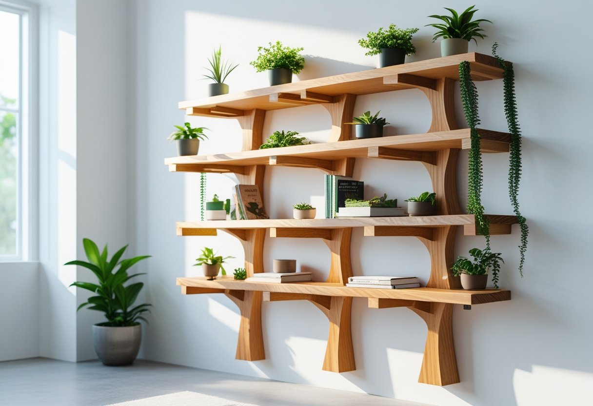 A room wall with wooden tree-shaped shelves holding plants, books, and decorative items.