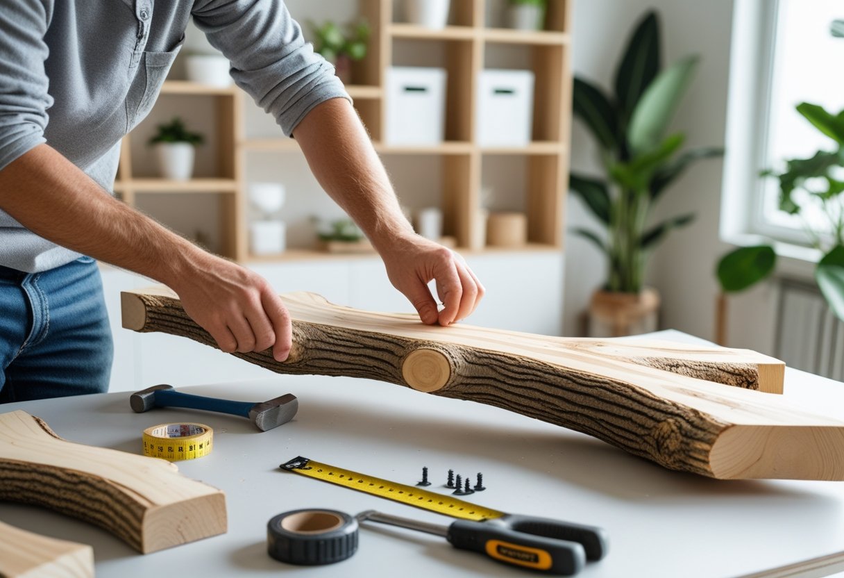 Person assembling wooden tree-shaped shelves in a bright indoor workspace with tools on a table and plants in the background.