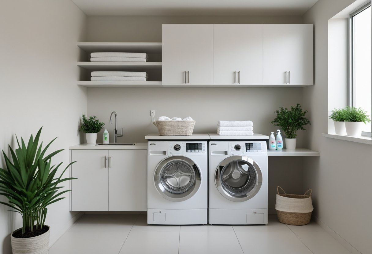 A small laundry room with a stacked washer and dryer, white cabinets, countertop with laundry basket, shelves with folded towels and plants, and a window letting in natural light.