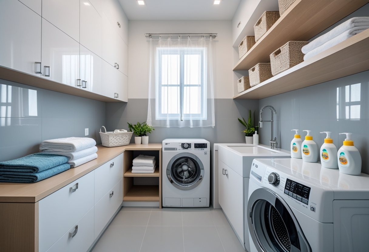 Small laundry room with stacked washer and dryer, white cabinets, open shelves with laundry supplies, and a folding countertop.