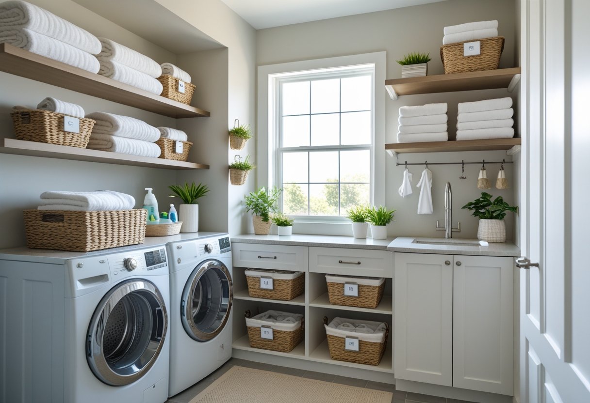 A small, organized laundry room with stacked washer and dryer, shelves with folded towels, baskets, and a countertop for folding clothes.