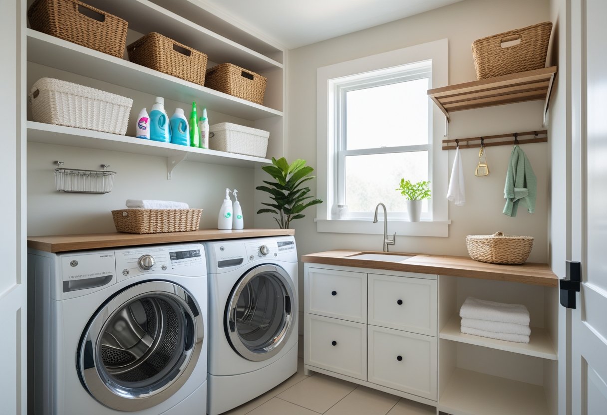 A small, organized laundry room with stacked washer and dryer, shelves with laundry supplies, a folding station, and a small window letting in natural light.