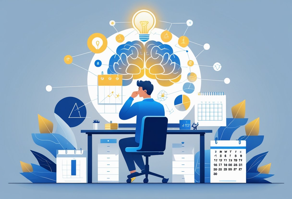 A person sitting thoughtfully at a desk with a glowing light bulb above their head, surrounded by symbols of logic and a calendar marking the new year, representing clear thinking and goal setting.