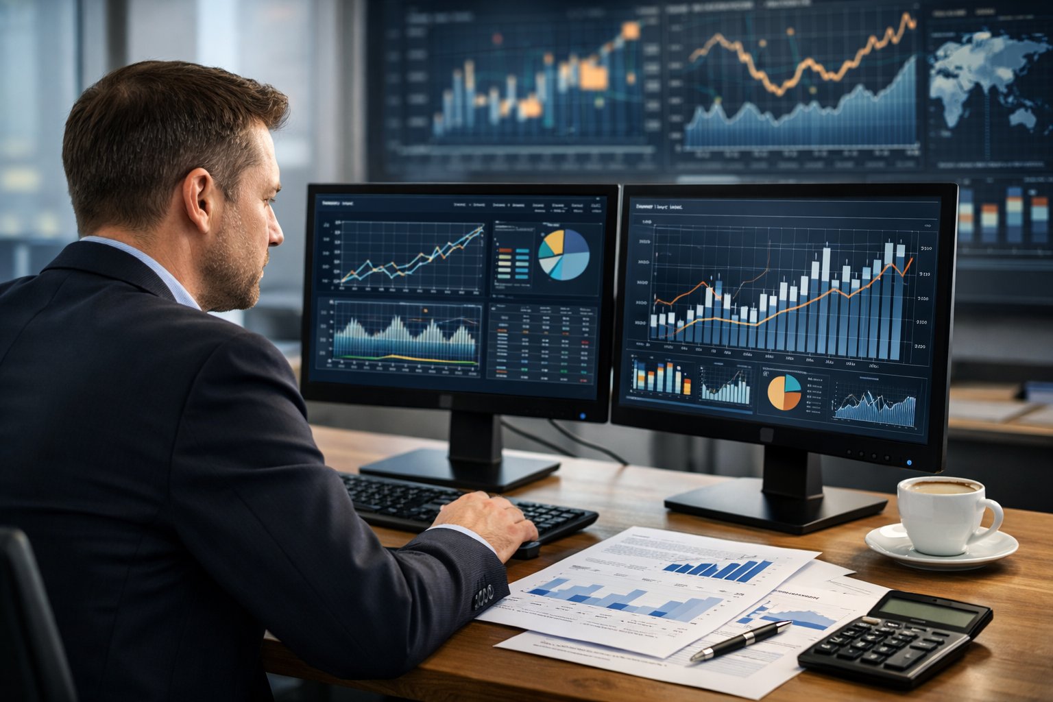 Un analyste économique travaille à son bureau avec un ordinateur affichant des graphiques et des données économiques dans un bureau moderne.