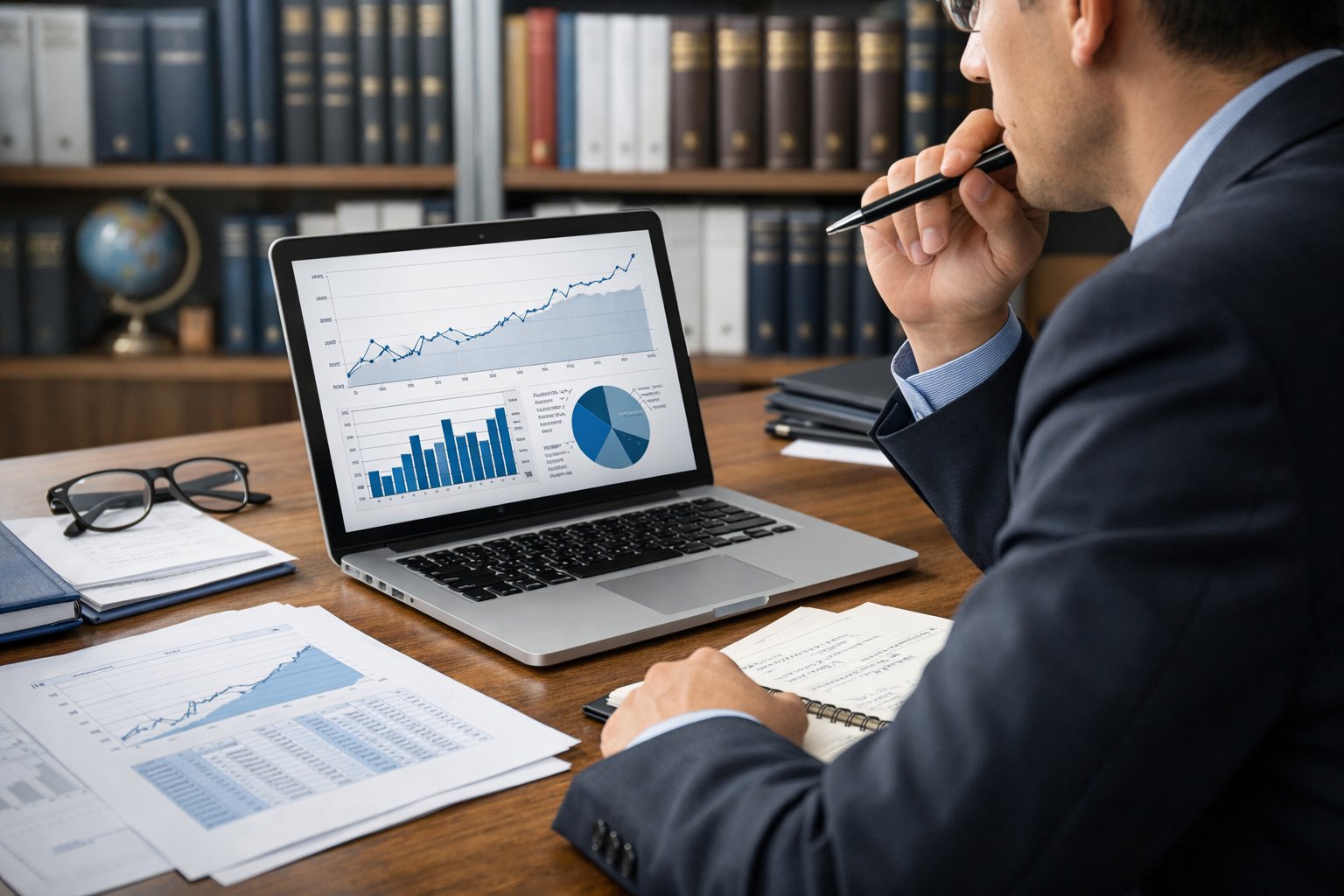 Un professionnel en bureau analysant des données économiques sur un ordinateur portable, entouré de documents et de livres officiels.