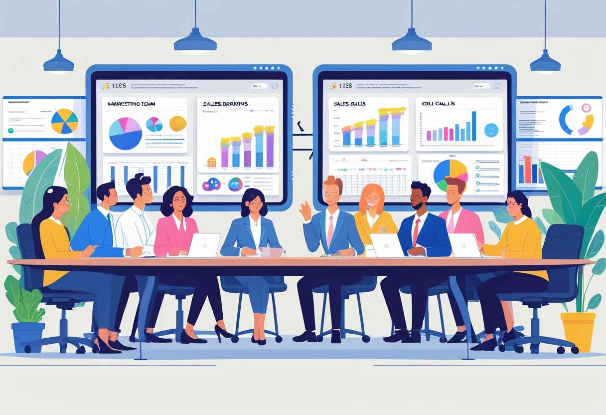 A group of business professionals from sales and marketing teams collaborating around a conference table with charts and graphs, working together to align their goals.