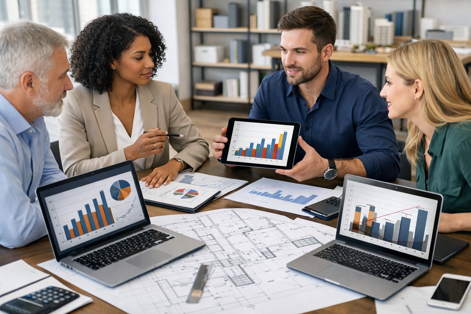 Des professionnels en réunion dans un bureau moderne, analysant des graphiques et des plans liés au secteur du bâtiment.