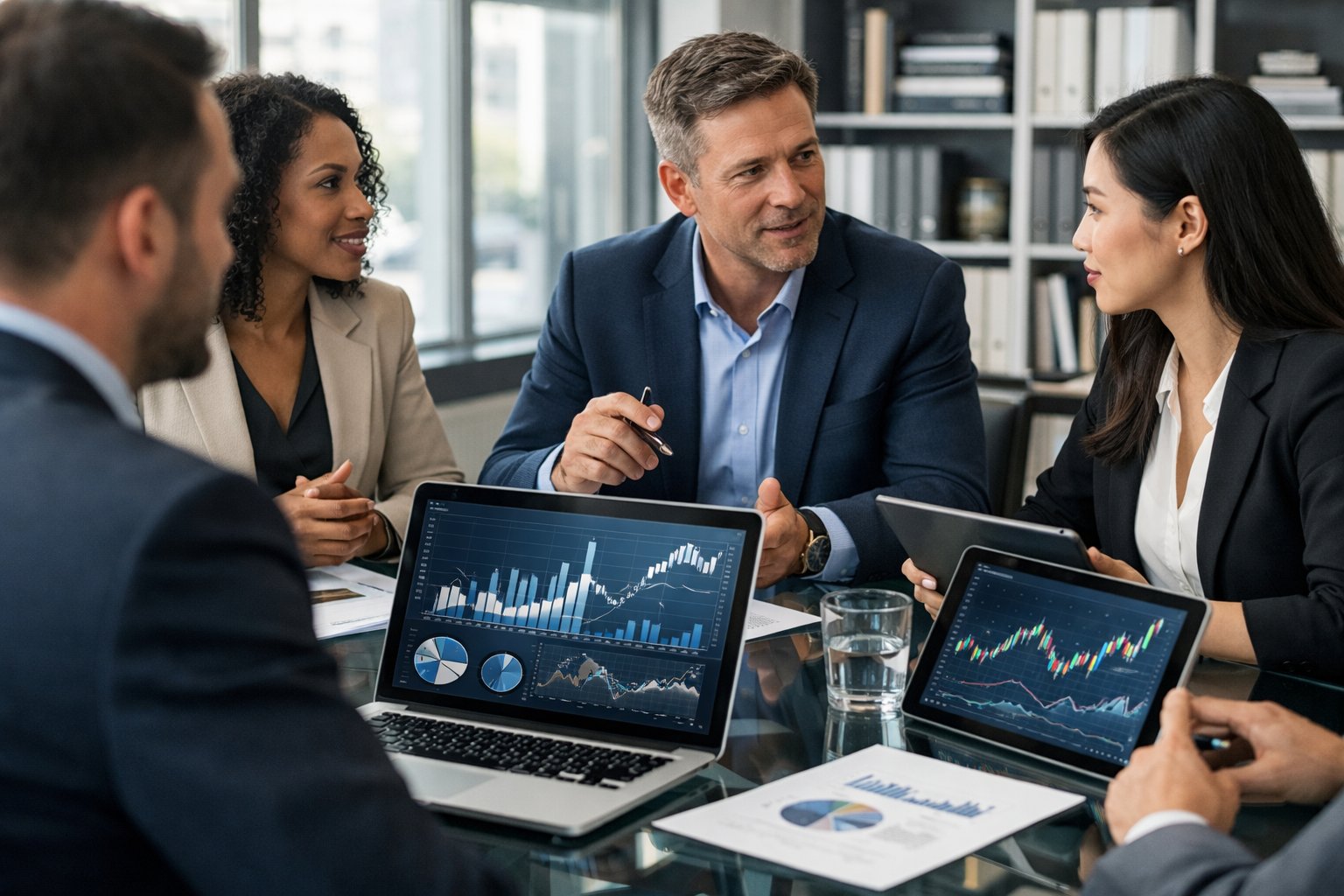 Des professionnels en réunion autour d'une table avec des ordinateurs affichant des graphiques et des données économiques dans un bureau lumineux.