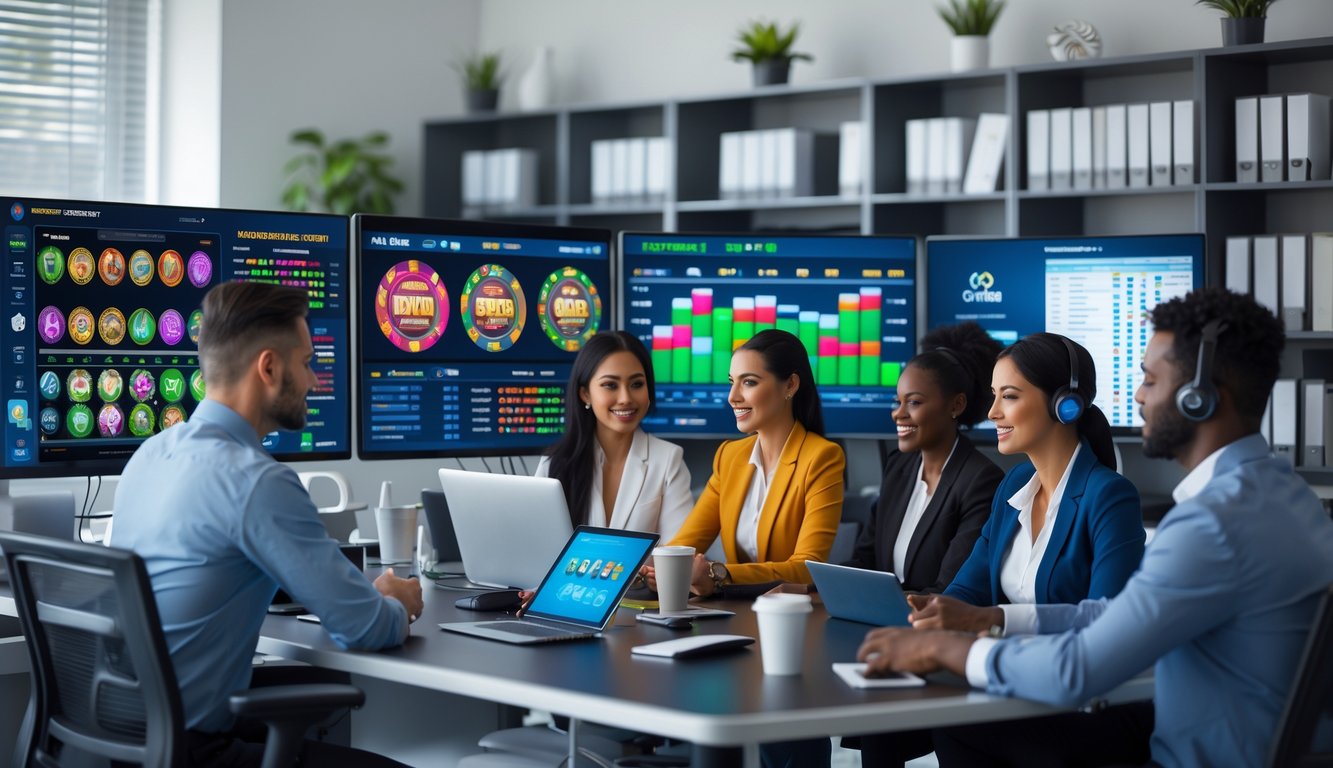 Suasana kantor modern dengan beberapa orang profesional yang sedang bekerja bersama di depan komputer yang menampilkan permainan slot online dan grafik, dengan rak berisi direktori penyedia permainan di latar belakang.