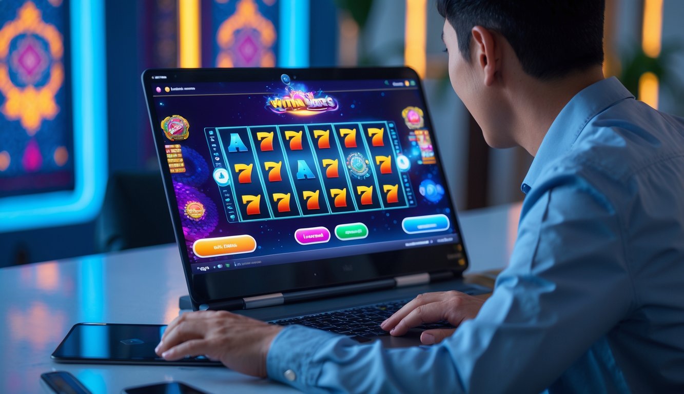 Seseorang menggunakan komputer dengan permainan slot online yang berwarna-warni, di ruang kerja yang terang dan modern dengan elemen budaya Indonesia yang samar.
