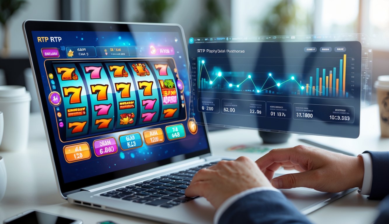 Seorang pengguna duduk di depan komputer dengan layar menampilkan permainan slot online dan grafik statistik RTP yang diperbarui secara real time.